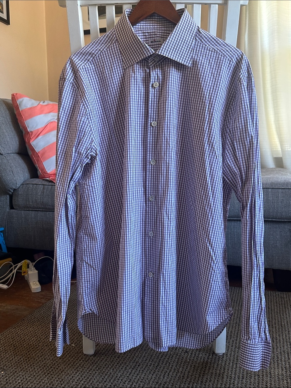 Kiton Multicolor Check Purple White Brown Pattern Men’s Dress Shirt Size 18